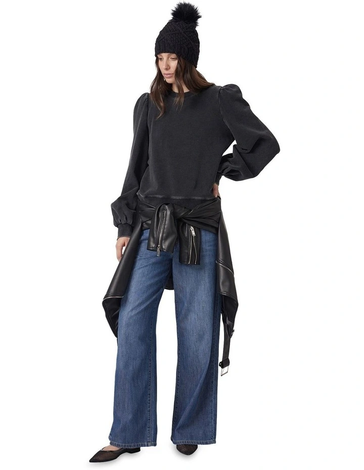 Addie Puff Sleeve Sweat Top in Washed Black image 1