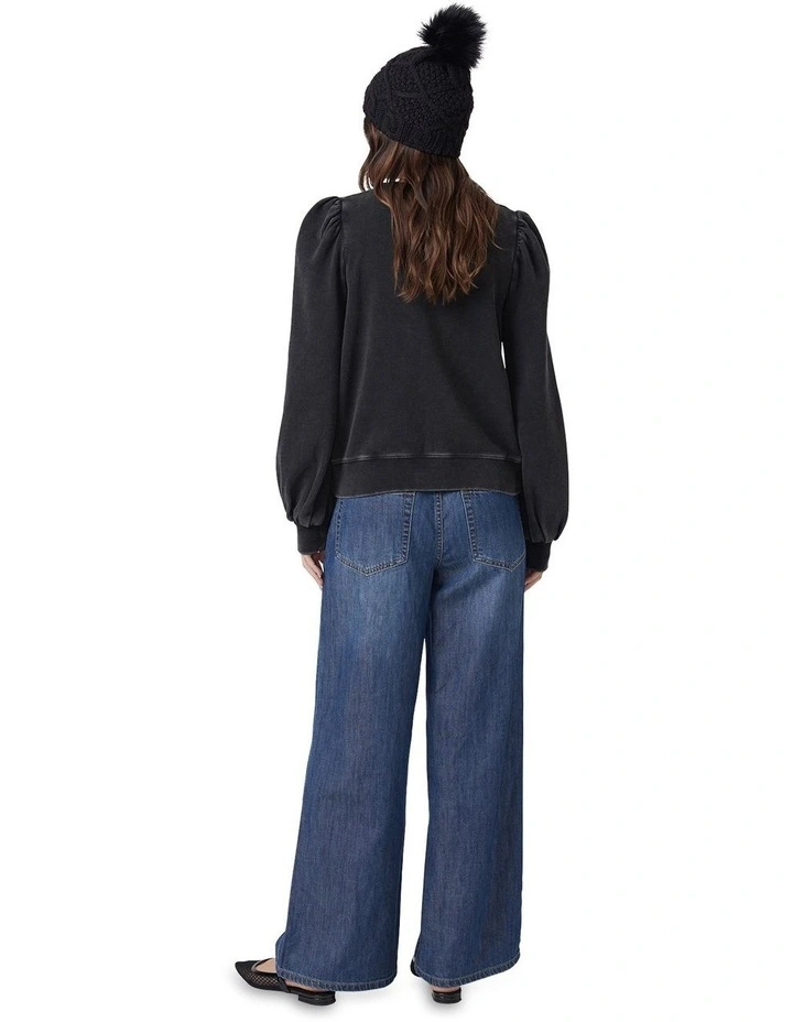 Addie Puff Sleeve Sweat Top in Washed Black image 2