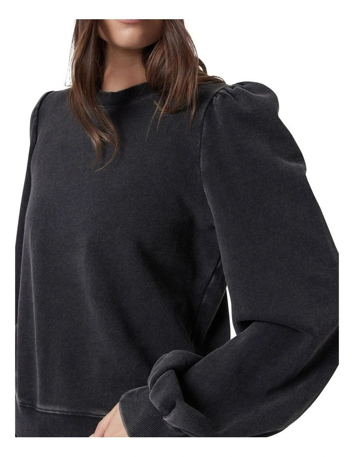 Addie Puff Sleeve Sweat Top in Washed Black image 3