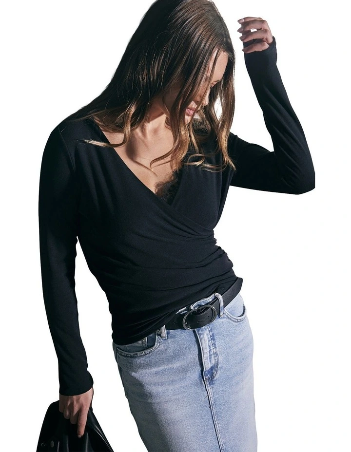 Juliet Gathered Wrap Top in Black image 1