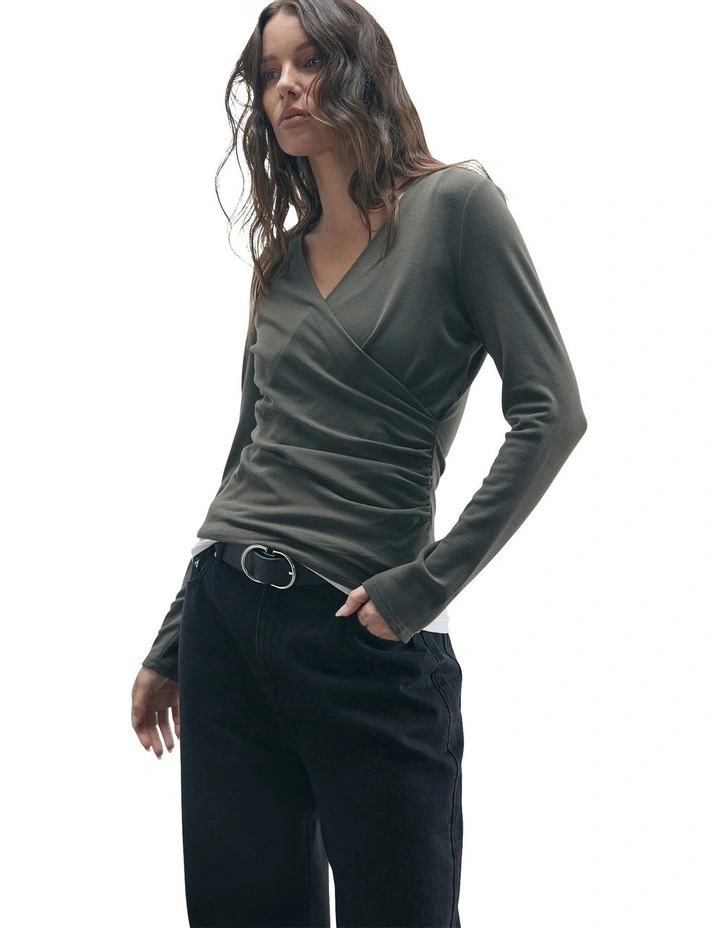 Juliet Gathered Wrap Top in Green image 1