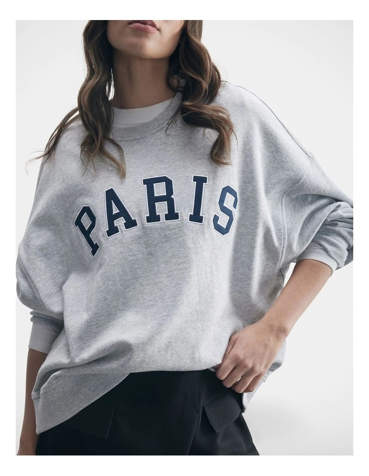 Paris Text Sweat Top in Light Grey Marle image 3