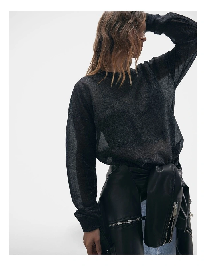 Amber Metallic Sheer Knit Top in Black image 3