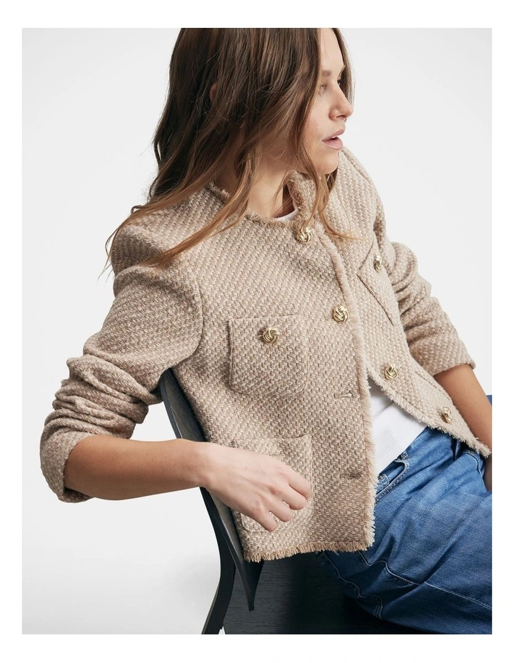 Tara Crop Tweed Jacket in Camel image 1