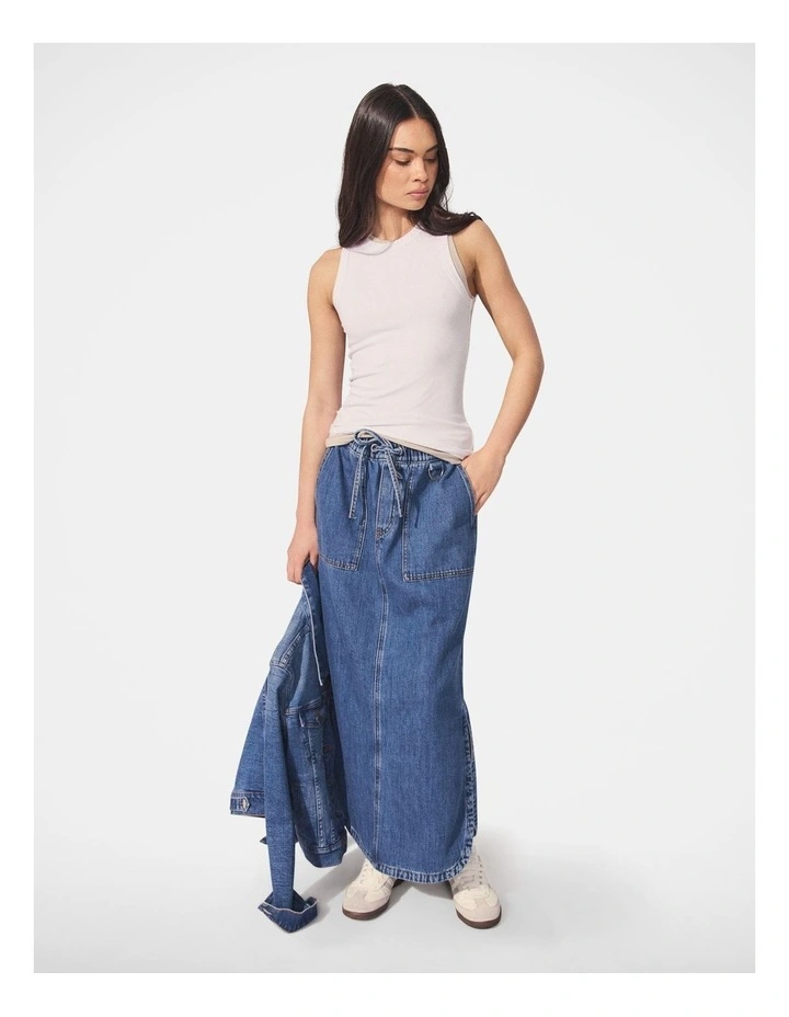 D-Luxe Curved Denim Midi Skirt in Blue image 1