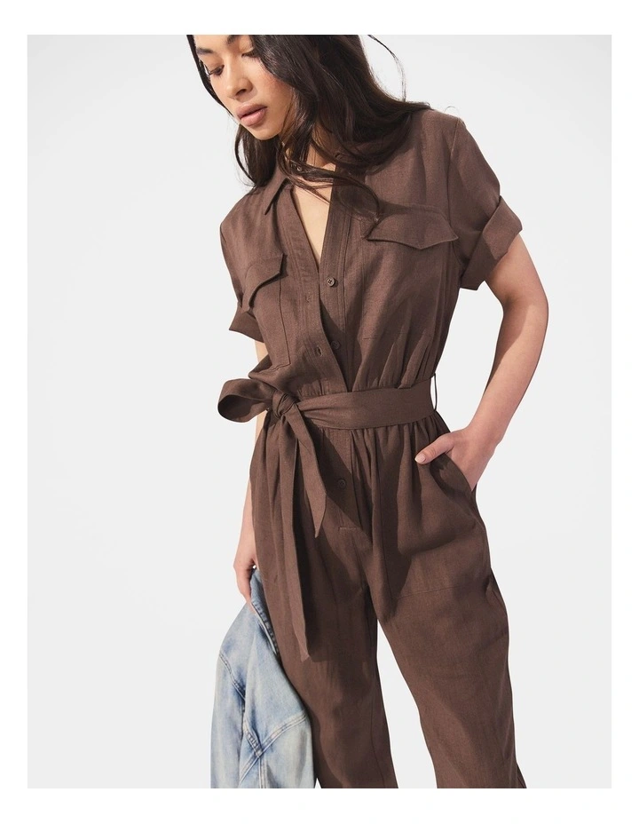 D-Luxe Linen Blend Jumpsuit in Coffee image 3