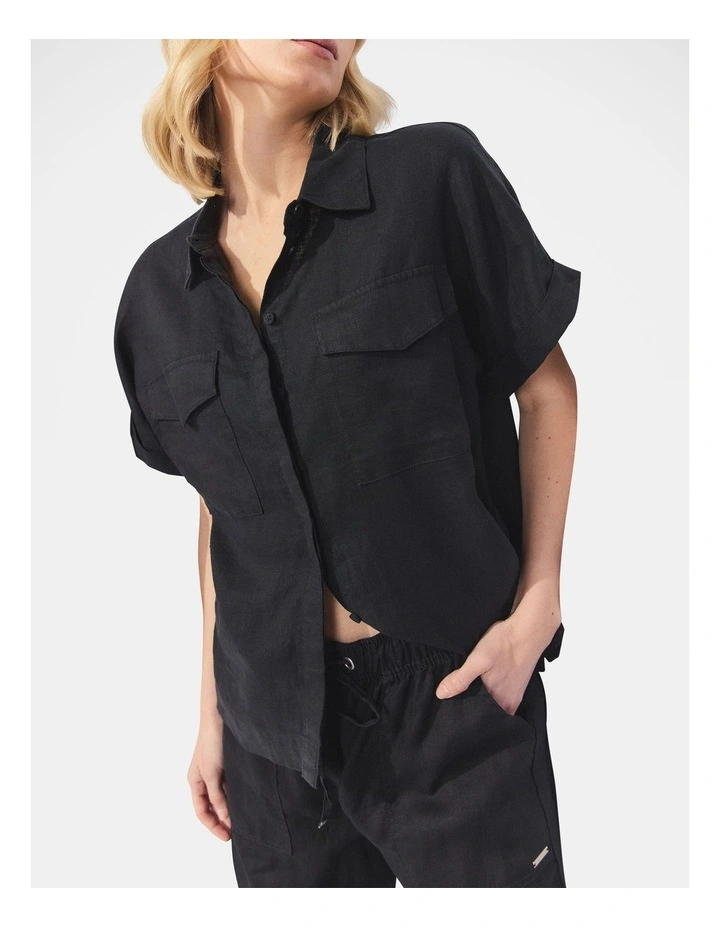 D-Luxe Pocket Linen Shirt in Black image 3