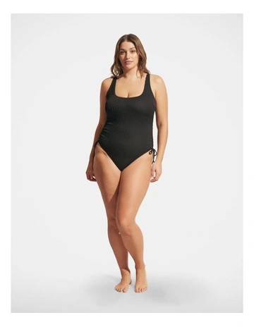 Rib Drawcord One Piece in Black