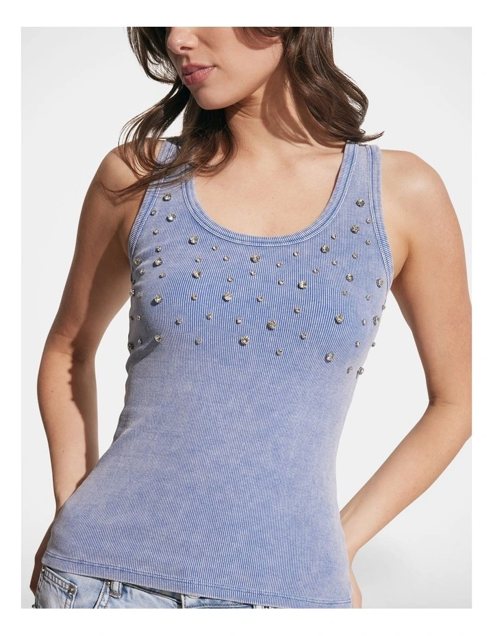 Lizzie Rhinestone Tank in Blue Acid Wash image 3