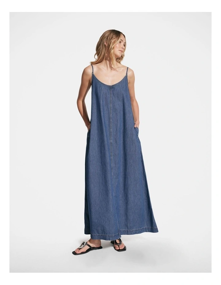 Sari V Neck Denim Maxi Dress in Blue image 1