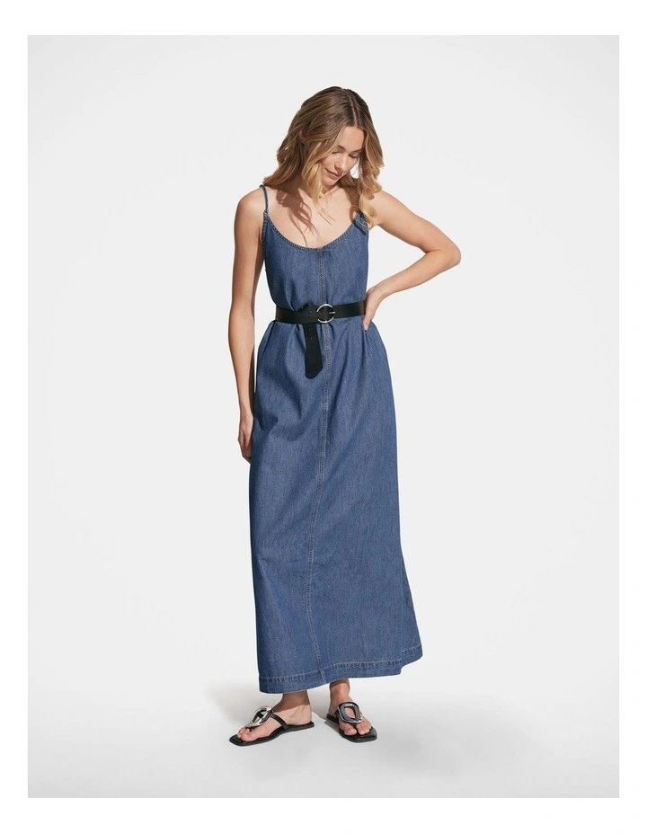 Sari V Neck Denim Maxi Dress in Blue image 3