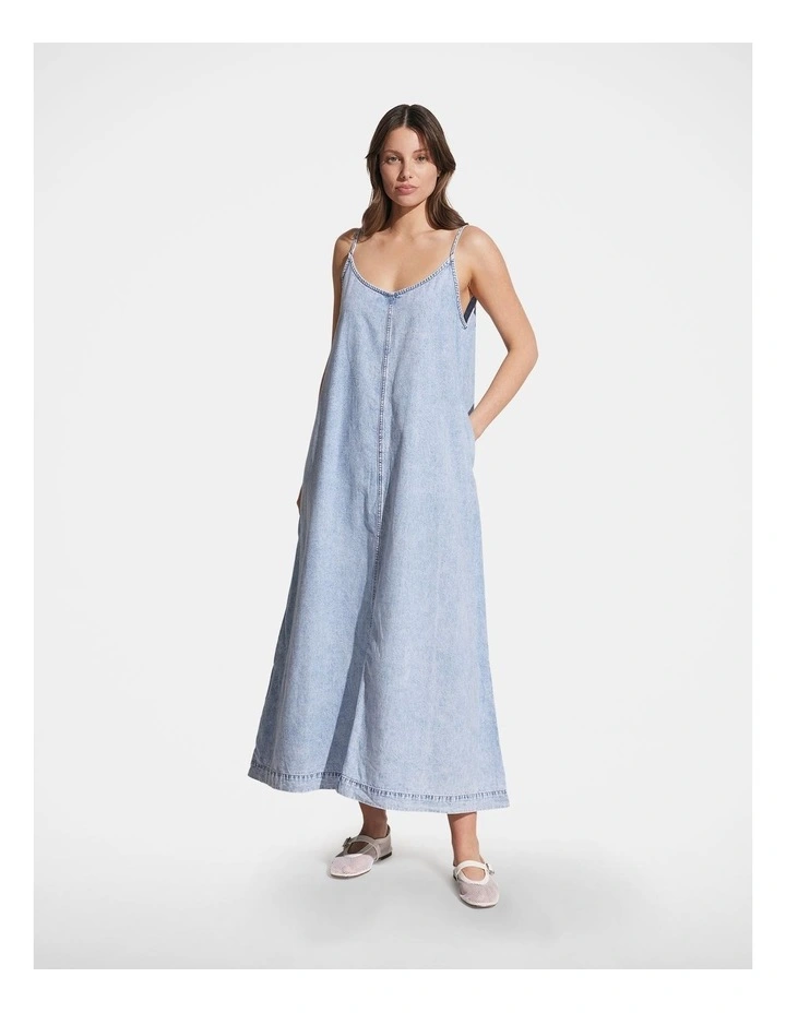 Sari V Neck Denim Maxi Dress in Blue image 1