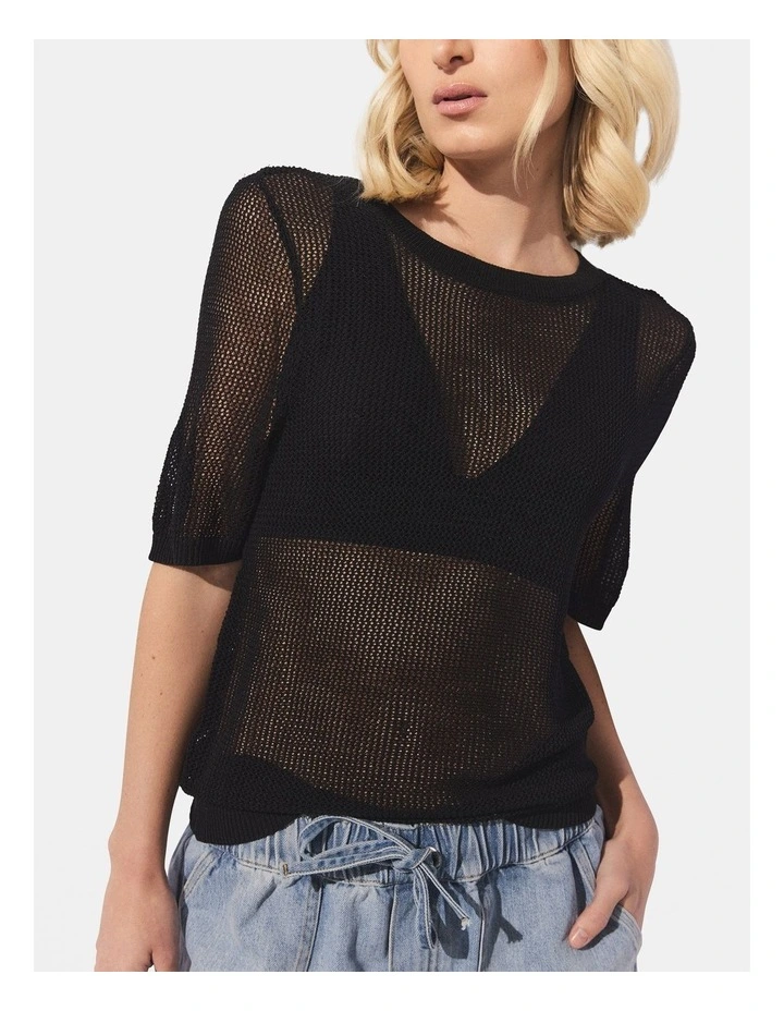 D-Luxe Open Knit Crew Top in Black image 3
