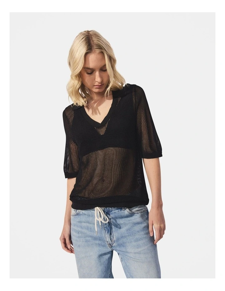 D Luxe Polo Knit Top in Black image 1