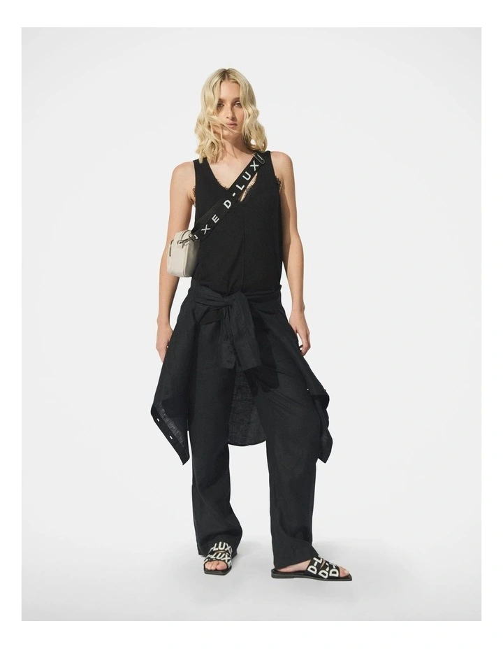 D-Luxe V Neck Linen Blend Tank in Black image 1