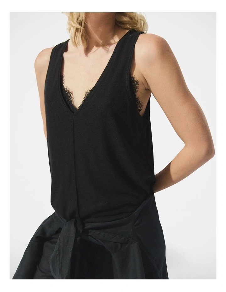 D-Luxe V Neck Linen Blend Tank in Black image 3