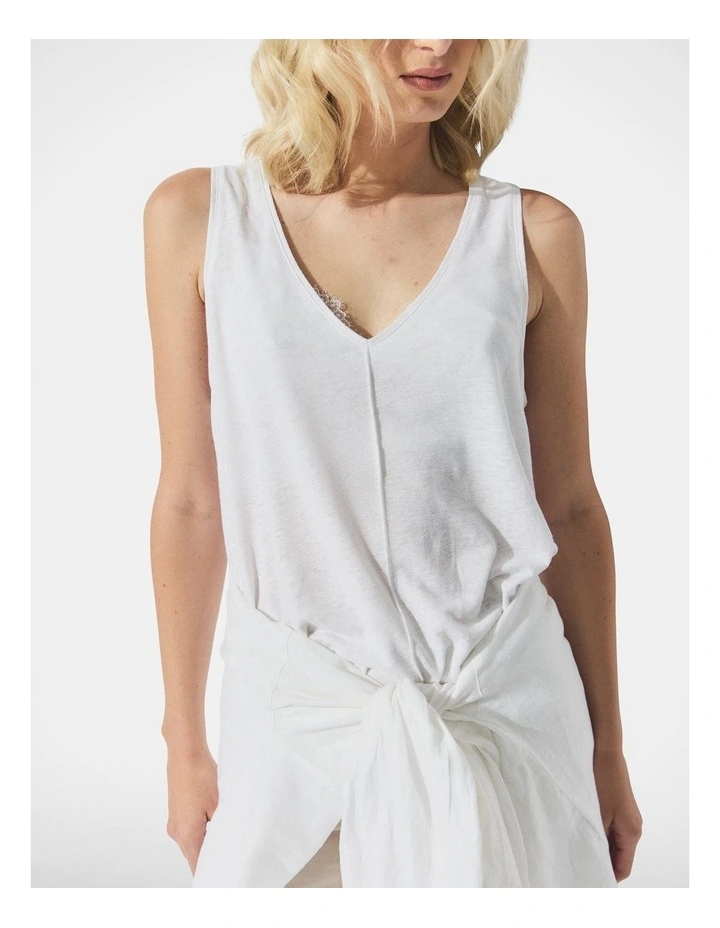 D-Luxe V Neck Linen Blend Tank in Bright White image 3