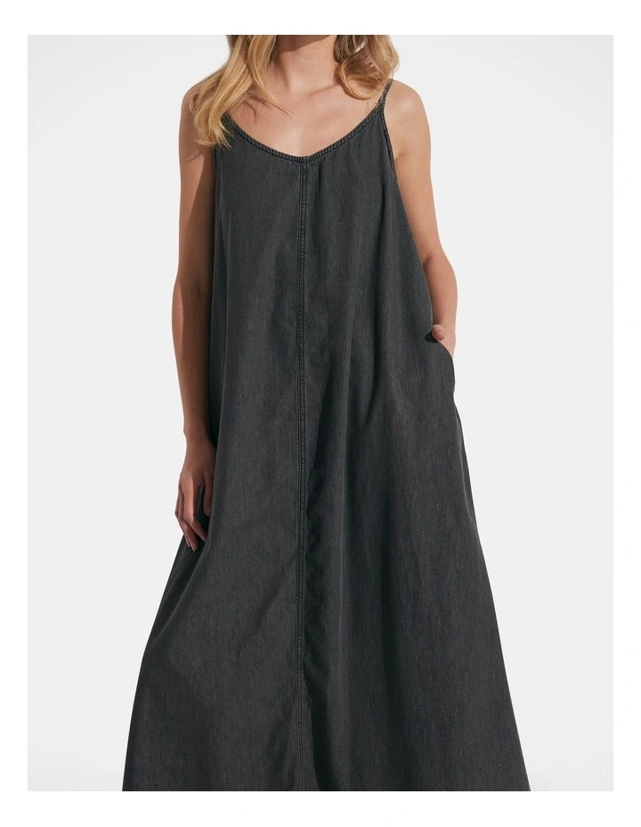 Sari V Neck Denim Maxi Dress in Black image 3