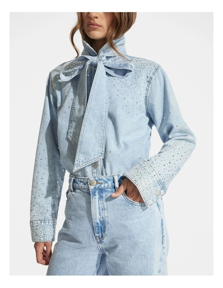 Anja Rhinestone Bow Shirt in Blue image 3