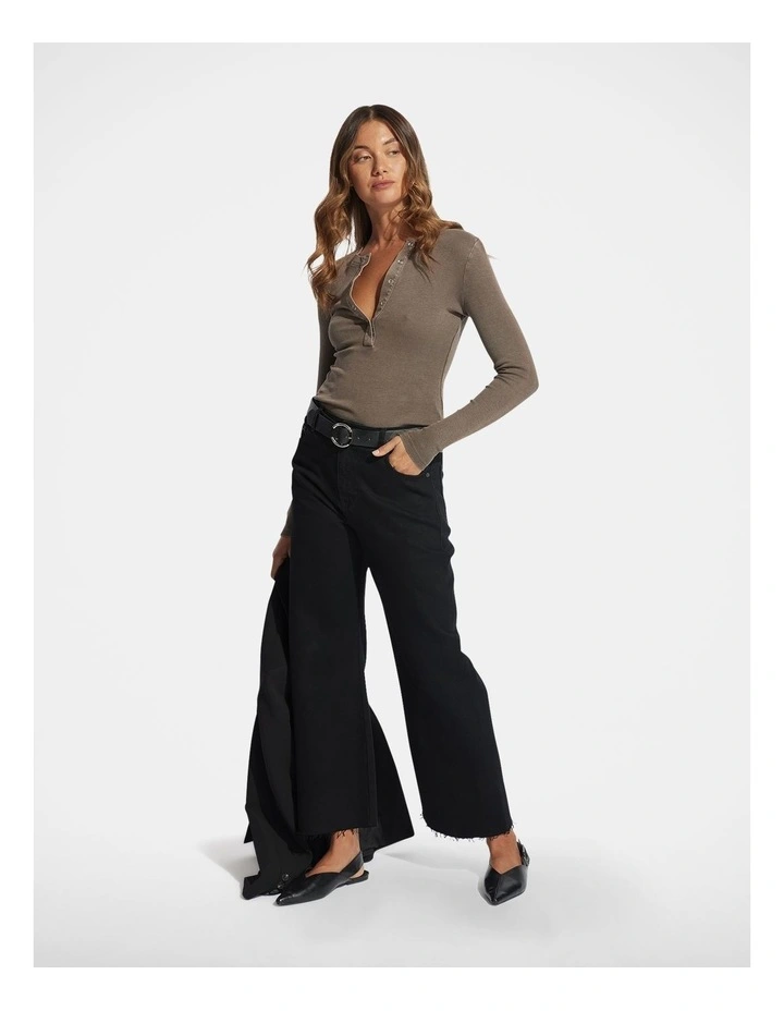 Sophie Long Sleeve Rib Henley Top in Choc Acid Wash image 1