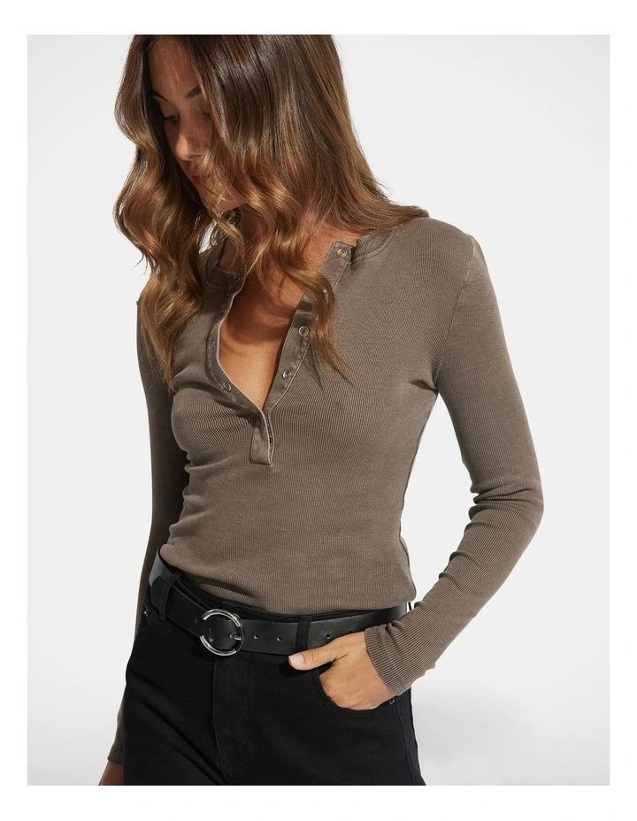 Sophie Long Sleeve Rib Henley Top in Choc Acid Wash image 3