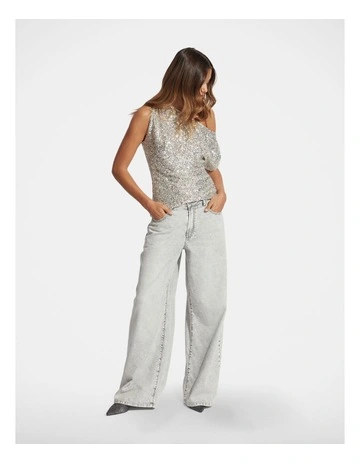 Mae Tipped Shoulder Sequin Top in Silver