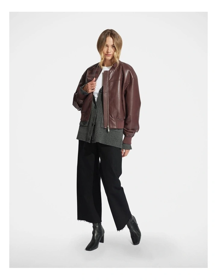 Billie Cropped PU Bomber Jacket in Brown image 1