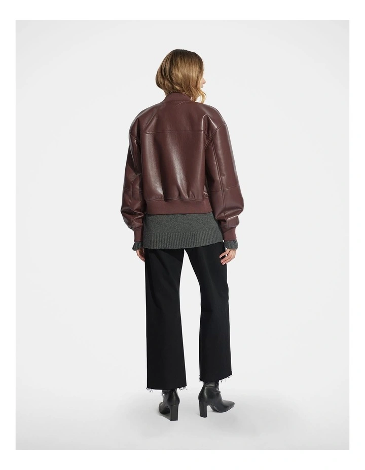 Billie Cropped PU Bomber Jacket in Brown image 2