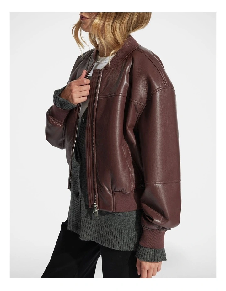 Billie Cropped PU Bomber Jacket in Brown image 3
