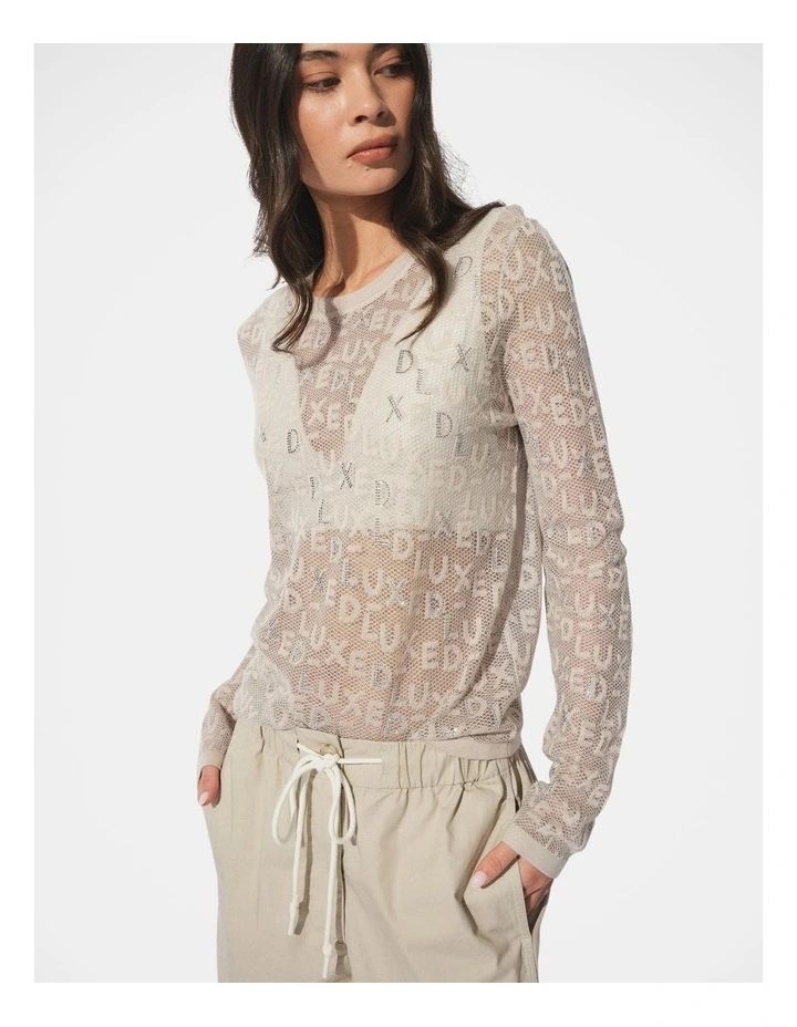 D-Luxe Rhinestone Knit Top in Beige image 3
