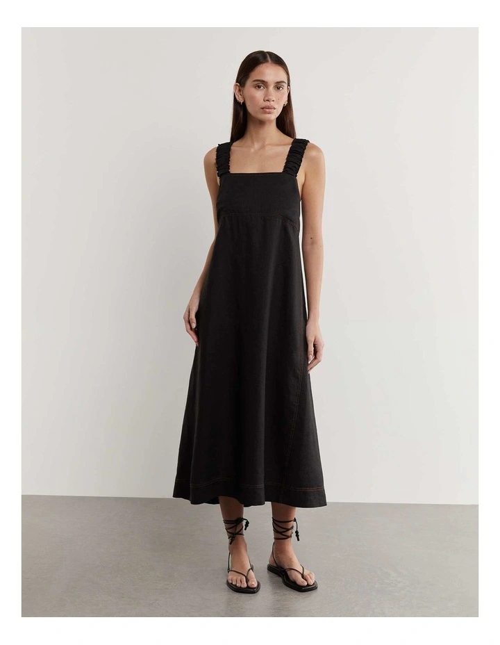 Kiki Elastic Strap Linen Dress in Black image 1