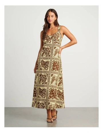 Botanica Linen Maxi Dress in Brown/Gold