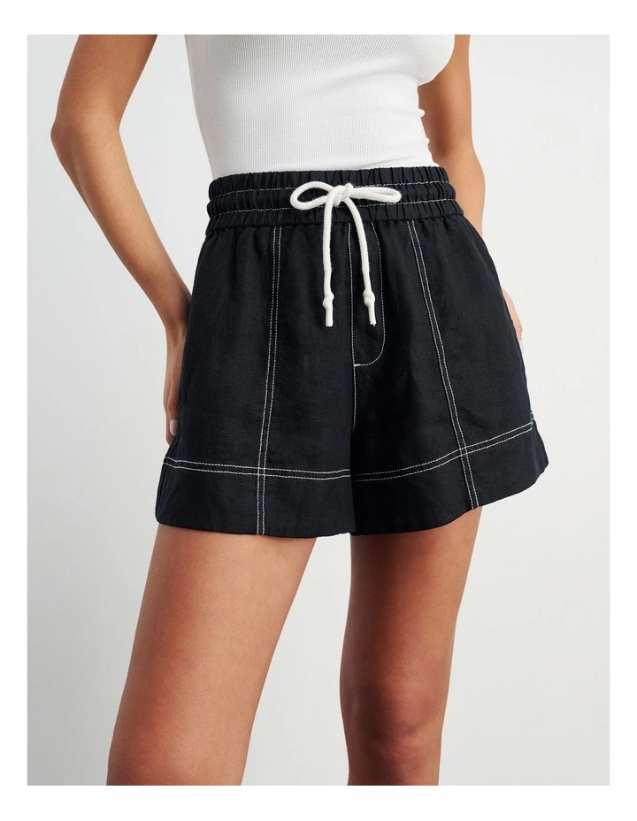 Gigi Linen Pull On Shorts in Black image 1