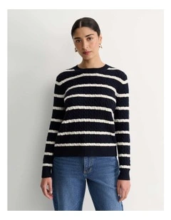 Merino Wool Cable Sweater in Navy/White