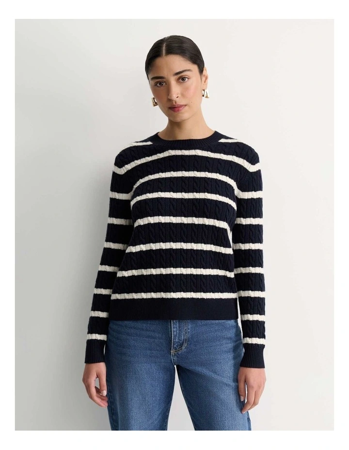 Merino Wool Cable Sweater in Navy/White image 1