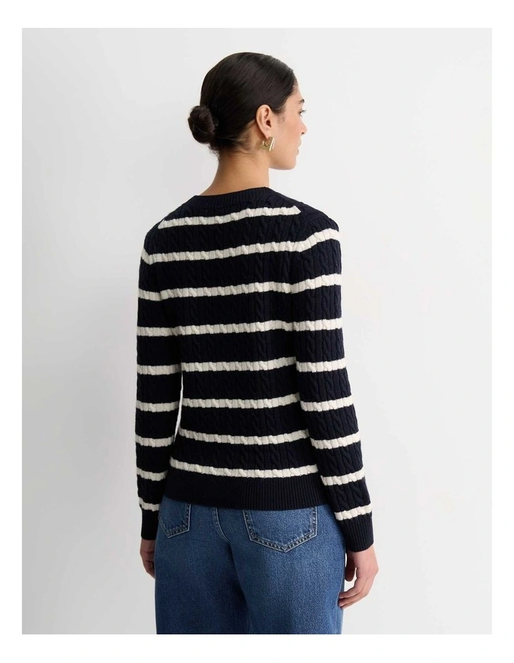 Merino Wool Cable Sweater in Navy/White image 2