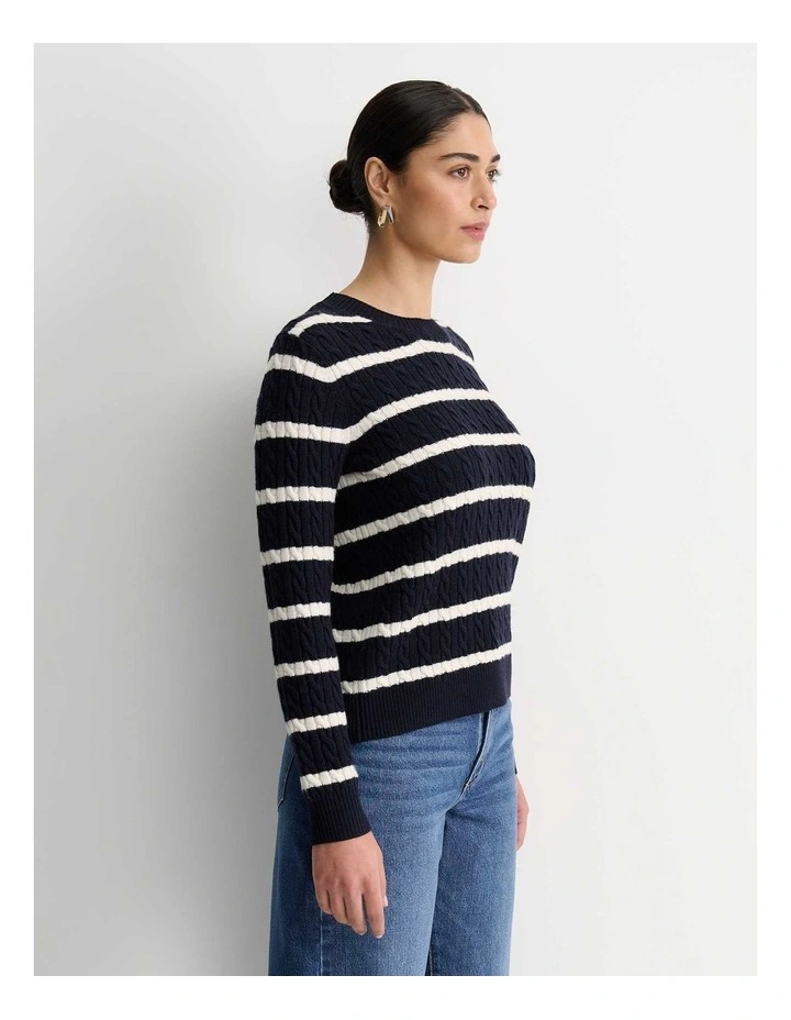 Merino Wool Cable Sweater in Navy/White image 4