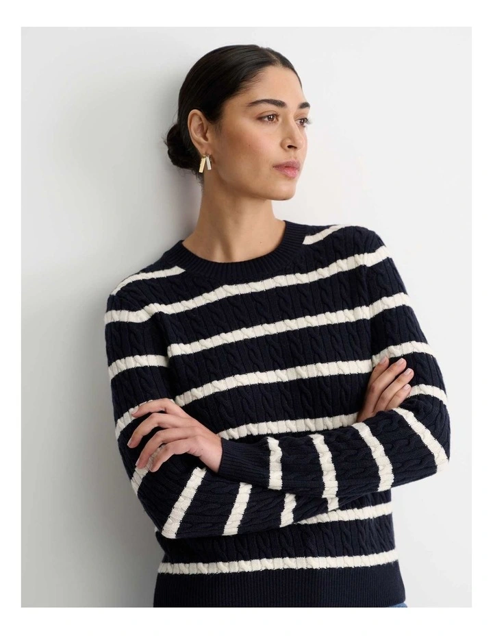 Merino Wool Cable Sweater in Navy/White image 5