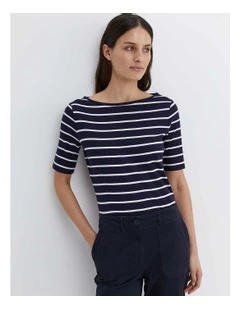 Heidi Boat Neck Half Sleeve Tee in Navy/White