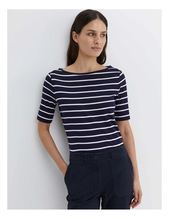 Heidi Boat Neck Half Sleeve Tee in Navy/White image 1