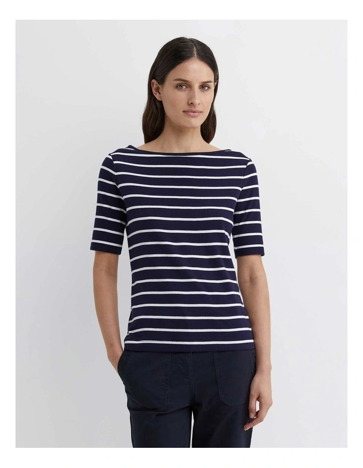Heidi Boat Neck Half Sleeve Tee in Navy/White image 4