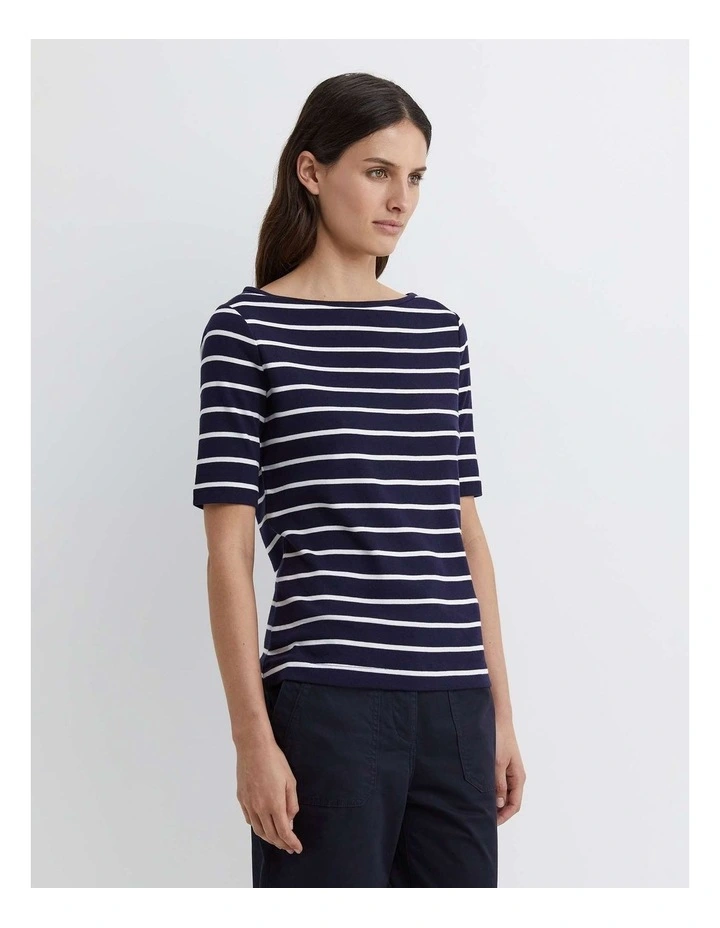 Heidi Boat Neck Half Sleeve Tee in Navy/White image 5