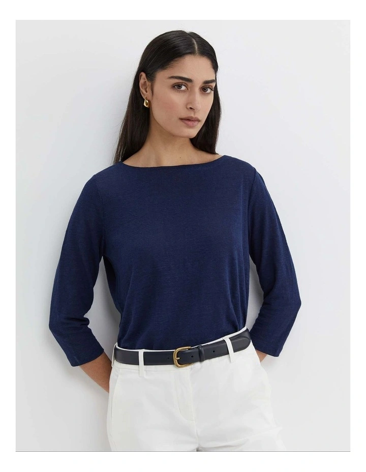 Cecile Linen Top in Navy image 3