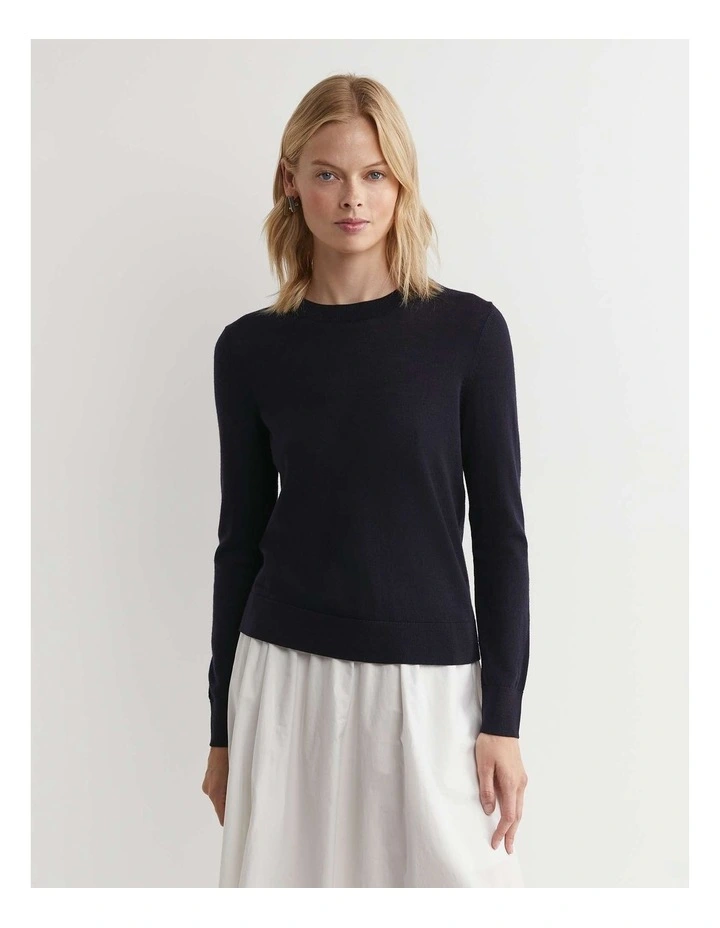 Francis Merino Crew Neck Knit Jumper in Navy image 3