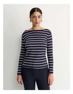 Heidi Long Sleeve Rib Tee in Navy/White
