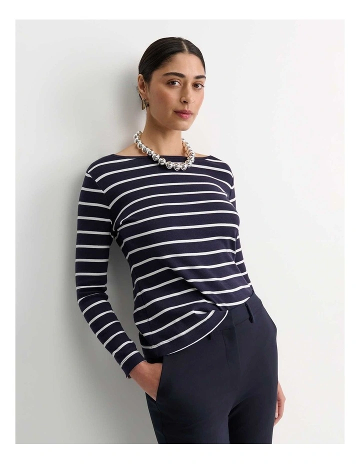 Heidi Long Sleeve Rib Tee in Navy/White image 3