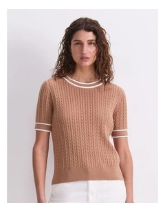 Elka Cable Short Sleeve Knit Jumper in Beige
