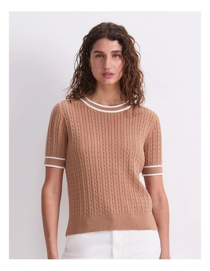Elka Cable Short Sleeve Knit Jumper in Beige image 1