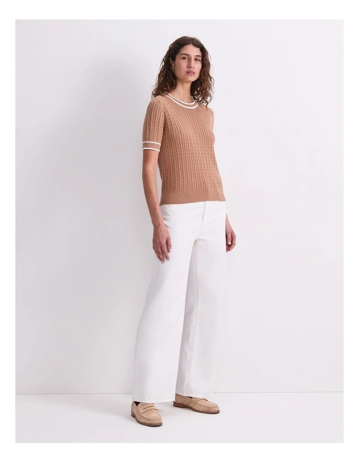 Elka Cable Short Sleeve Knit Jumper in Beige image 3