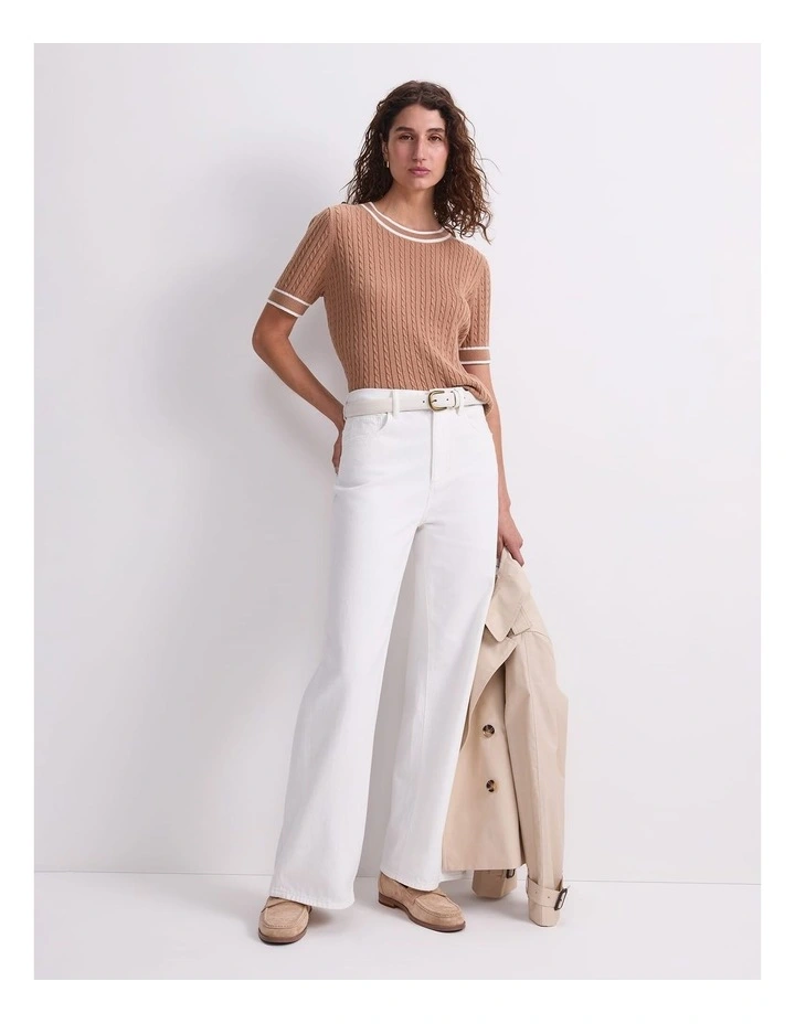 Elka Cable Short Sleeve Knit Jumper in Beige image 4